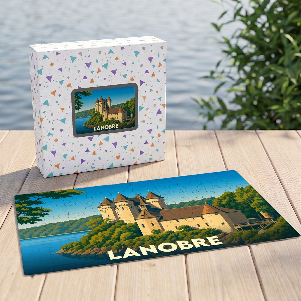 Puzzle souvenir de la ville de Lanobre avec une illustration stylisée d'un château au bord de l'eau.