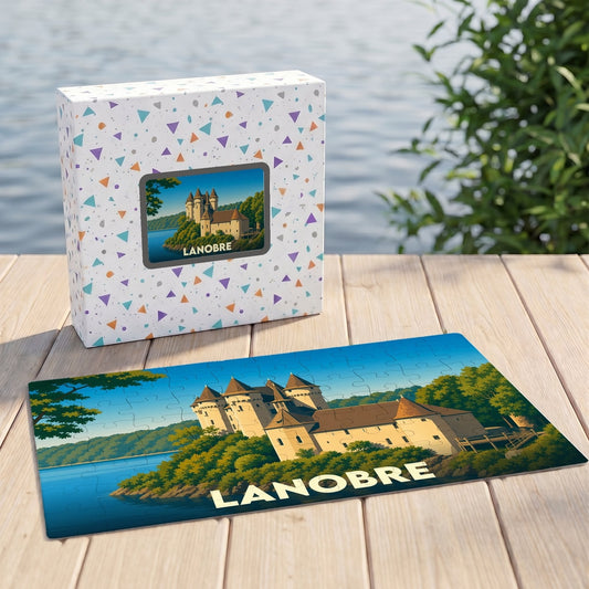 Puzzle souvenir de la ville de Lanobre avec une illustration stylisée d'un château au bord de l'eau.