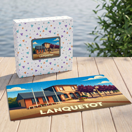 Puzzle souvenir de la ville de Lanquetot avec une illustration stylisée et colorée.
