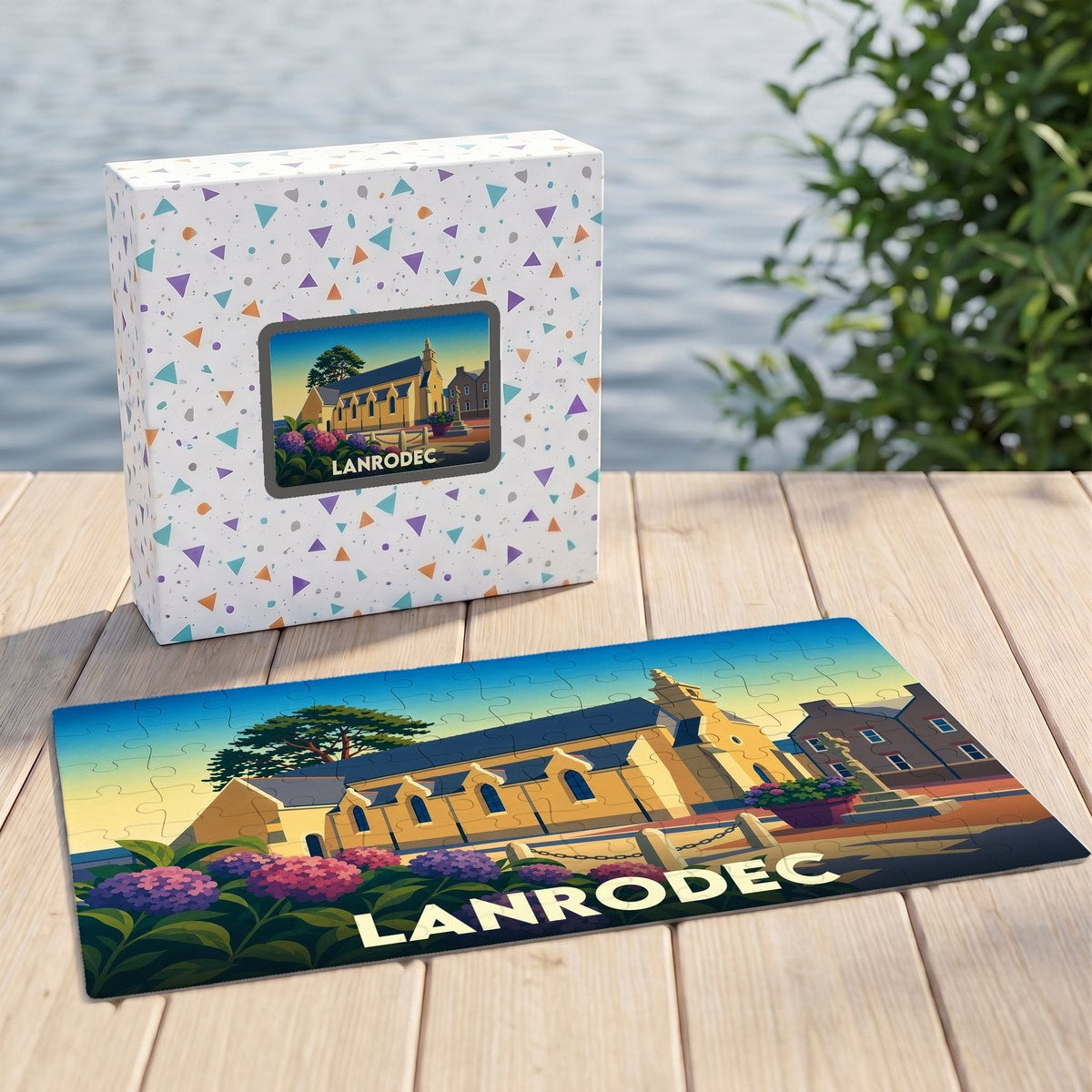 Puzzle souvenir de la ville de Lanrodec avec une illustration stylisée d'une église et de fleurs.