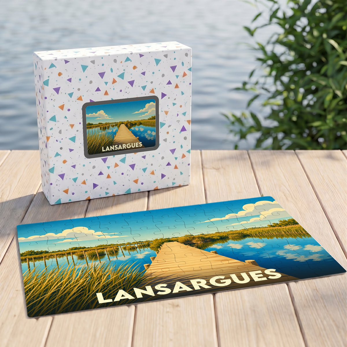 Puzzle souvenir de la ville de Lansargues avec une illustration stylisée d'un ponton sur l'eau.