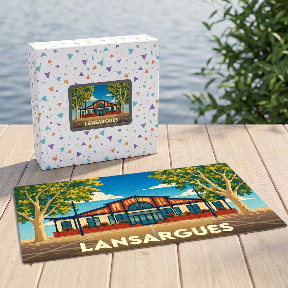 Puzzle souvenir de la ville de Lansargues avec une illustration stylisée d'un bâtiment emblématique.