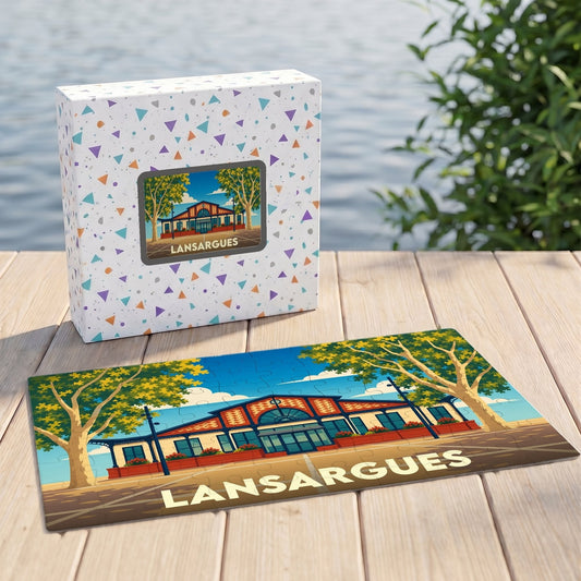 Puzzle souvenir de la ville de Lansargues avec une illustration stylisée d'un bâtiment emblématique.