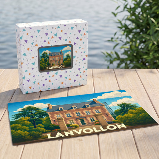 Puzzle souvenir de la ville de Lanvollon présentant une illustration stylisée d'un manoir breton.