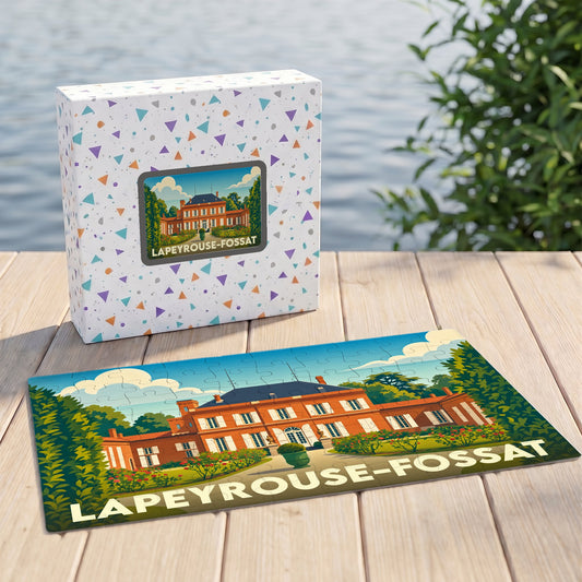 Puzzle souvenir de la ville de Lapeyrouse-Fossat avec une illustration stylisée de son château.