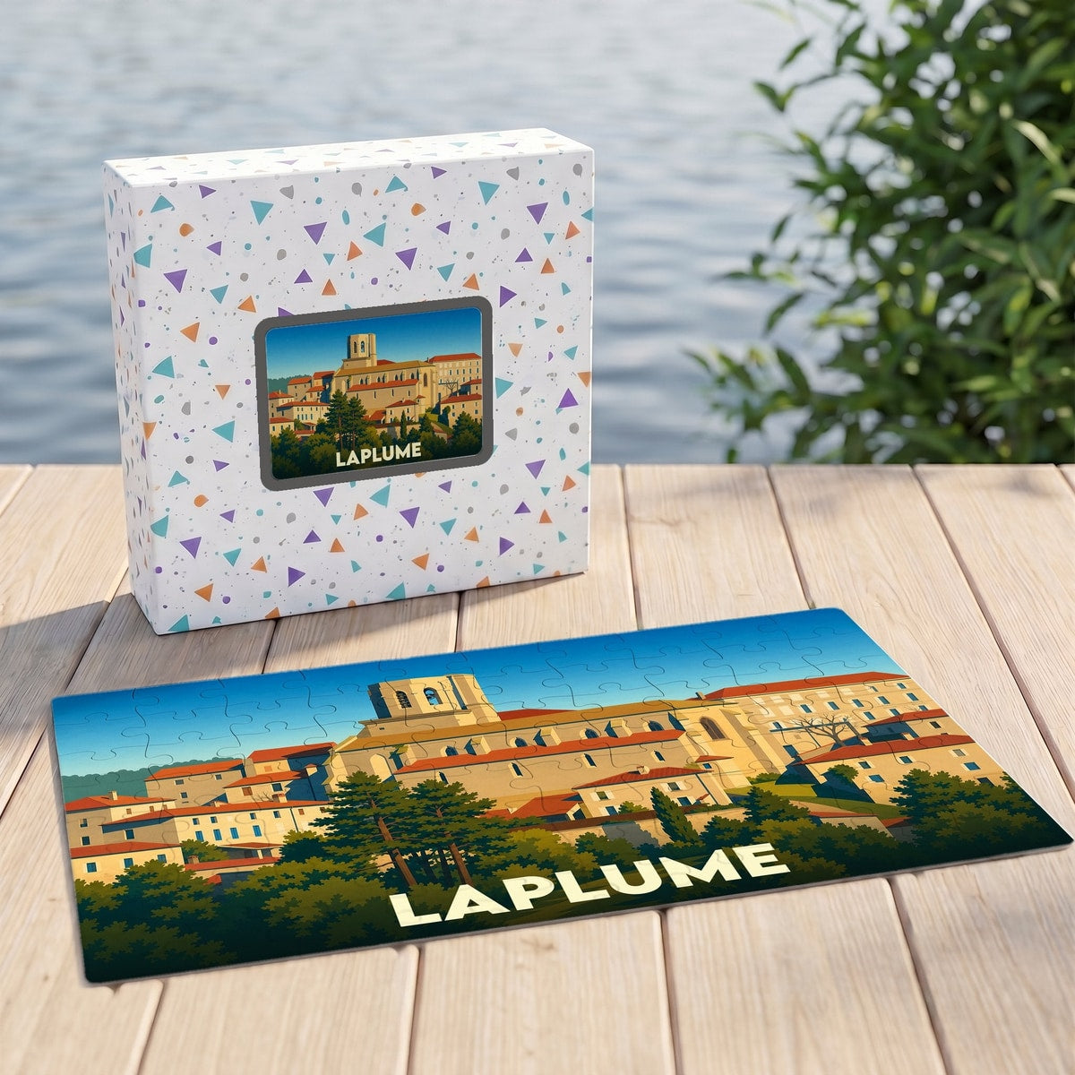 Puzzle souvenir de la ville de Laplume présentant une illustration stylisée de son église et de ses toits.