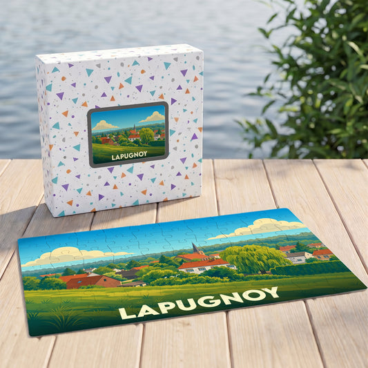 Puzzle souvenir de la ville de Lapugnoy avec une illustration stylisée d'un paysage urbain verdoyant.