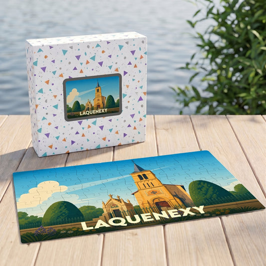 Puzzle souvenir de la ville de Laquenexy avec une illustration stylisée de son église.