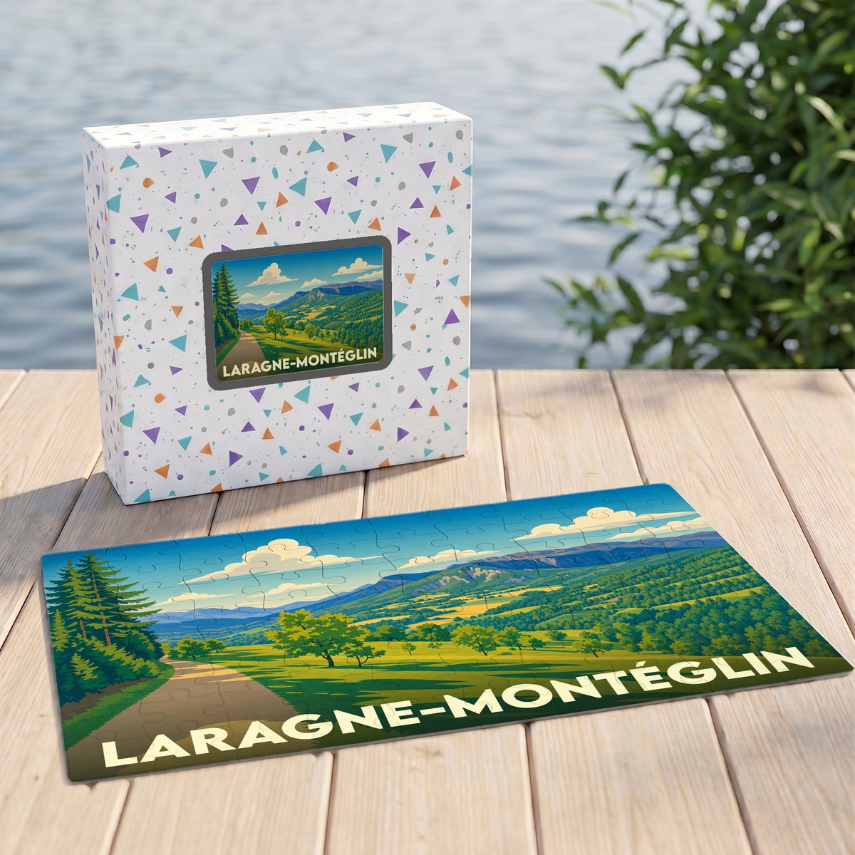 Puzzle souvenir de la ville de Laragne-Montéglin avec une illustration de paysage de montagne.