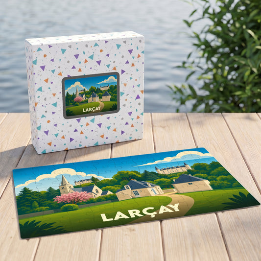Puzzle souvenir de la ville de Larçay avec une illustration colorée de ses monuments et paysages.