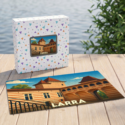 Puzzle souvenir de la ville de Larra avec une illustration stylisée d'un bâtiment historique.