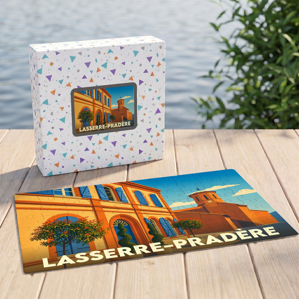 Puzzle souvenir de la ville de Lasserre-Pradère avec une illustration stylisée et colorée.