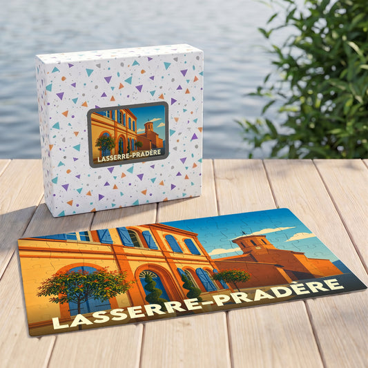 Puzzle souvenir de la ville de Lasserre-Pradère avec une illustration stylisée et colorée.