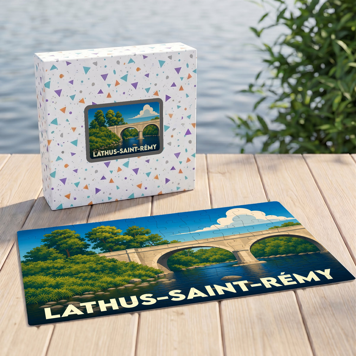 Puzzle souvenir de la ville de Lathus-Saint-Rémy avec une illustration stylisée d'un pont de pierre au bord de l'eau.