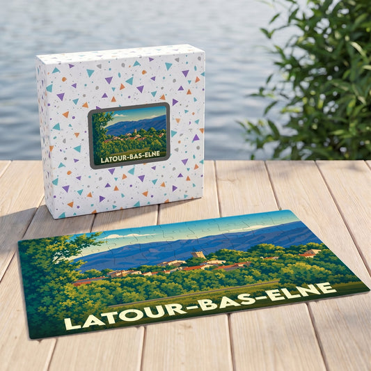 Puzzle souvenir de la ville de Latour-Bas-Elne avec une illustration stylisée de son paysage.
