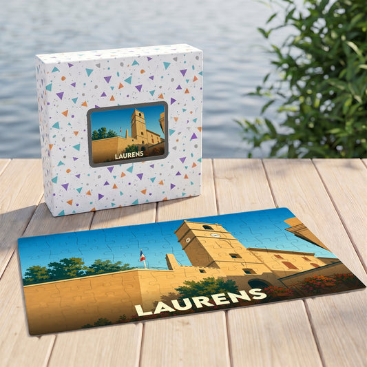 Puzzle souvenir de la ville de Laurens avec une illustration stylisée de son clocher.