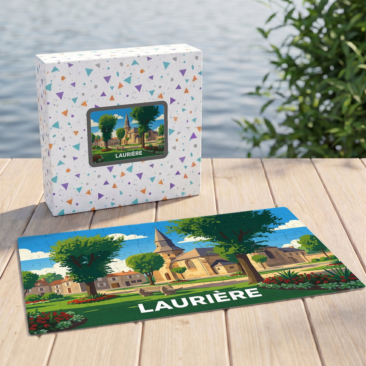 Puzzle souvenir de la ville de Laurière avec une illustration stylisée et colorée.