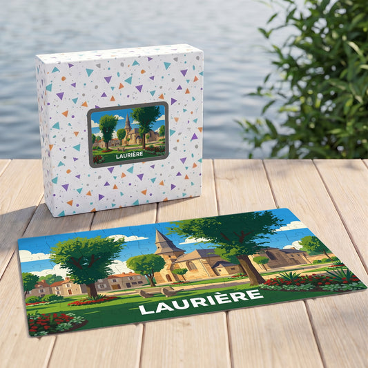 Puzzle souvenir de la ville de Laurière avec une illustration stylisée et colorée.