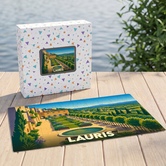 Puzzle souvenir de la ville de Lauris avec une illustration stylisée de ses jardins.