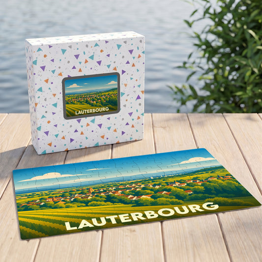 Puzzle souvenir de la ville de Lauterbourg illustrant un paysage de campagne stylisé.