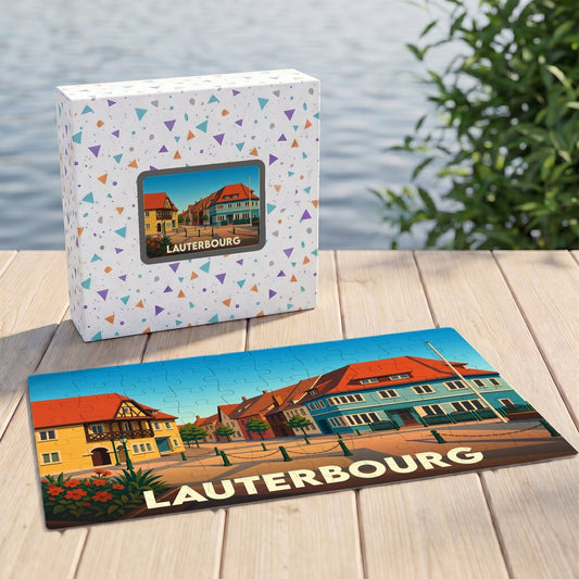 Puzzle souvenir de la ville de Lauterbourg avec une illustration stylisée et sa boîte assortie.