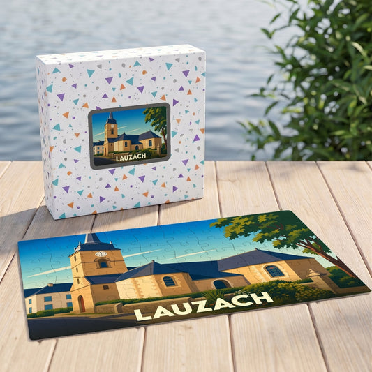 Puzzle souvenir de la ville de Lauzach avec une illustration stylisée de son église.