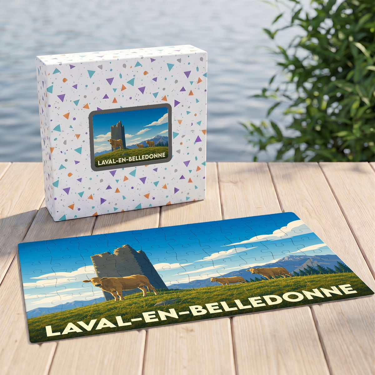 Puzzle souvenir de la ville de Laval-en-Belledonne avec une illustration stylisée montrant des vaches devant une tour médiévale.