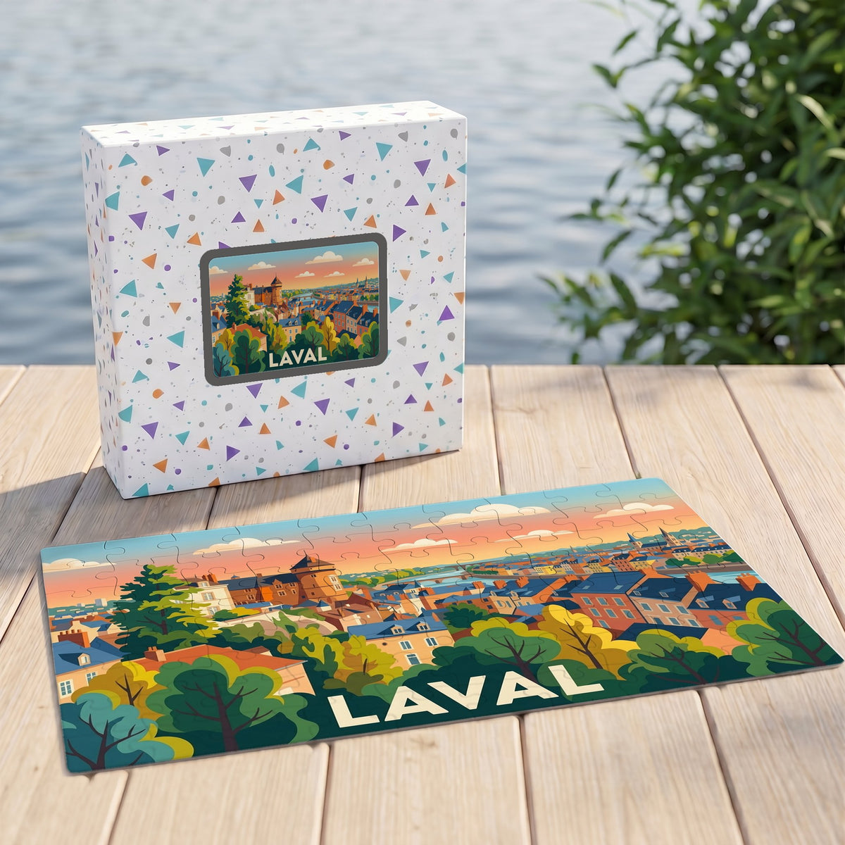 Puzzle souvenir de la ville de Laval avec une illustration stylisée et colorée.