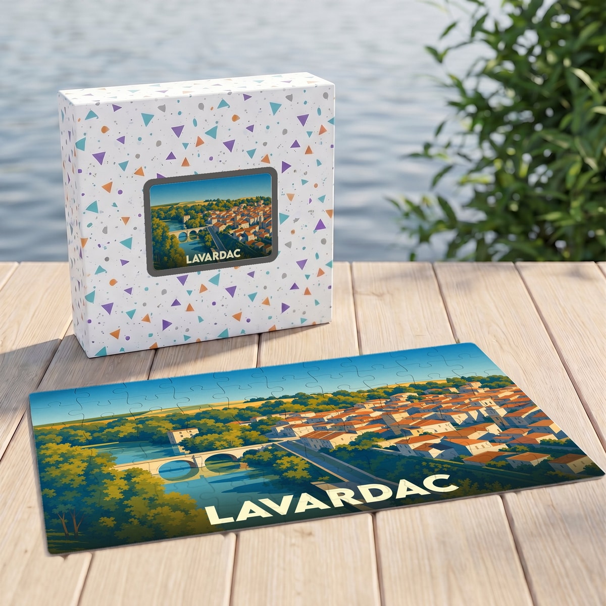 Puzzle souvenir de la ville de Lavardac avec une illustration stylisée et sa boîte assortie.