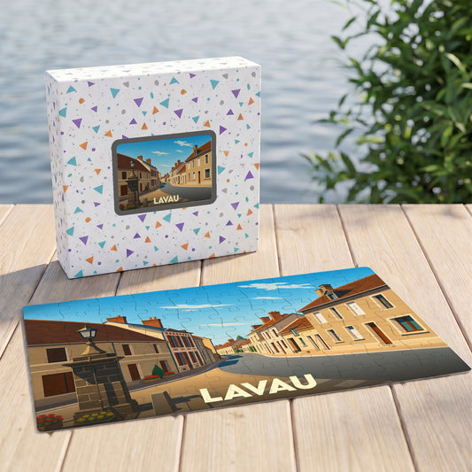 Puzzle souvenir de la ville de Lavau avec une illustration stylisée.