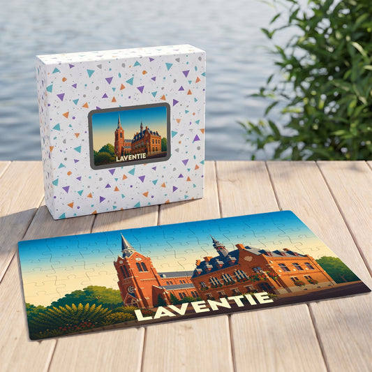 Puzzle souvenir de la ville de Laventie représentant son architecture dans un style illustré.