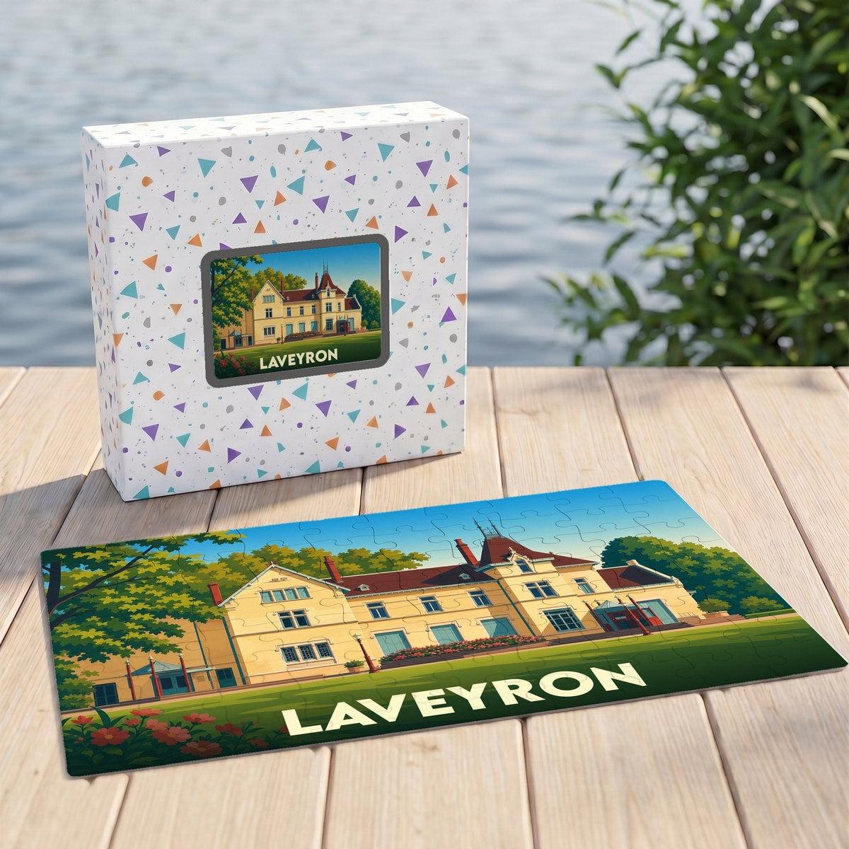 Puzzle souvenir de la ville de Laveyron illustrant une grande demeure bourgeoise.