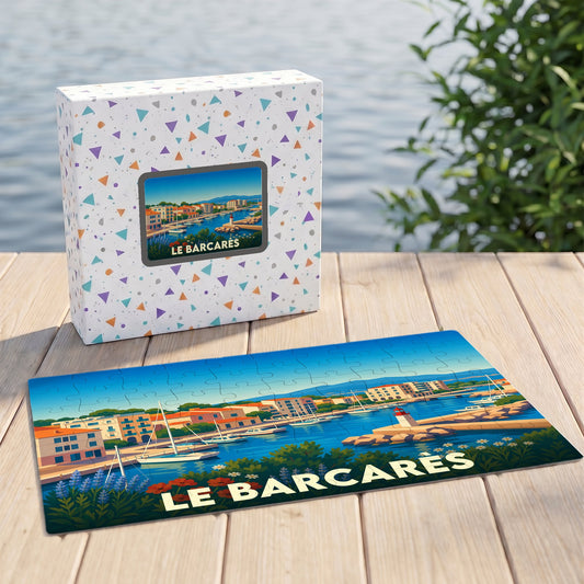 Puzzle souvenir de la ville de Le Barcarès avec une illustration stylisée de son port.