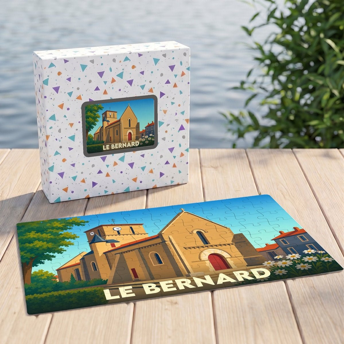 Puzzle souvenir de la ville de Le Bernard avec une illustration stylisée d'une église.