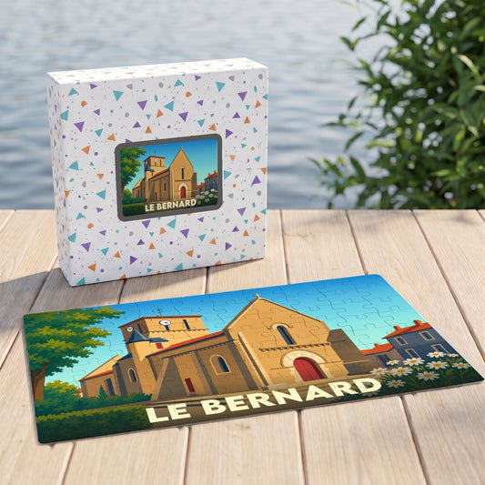 Puzzle souvenir de la ville de Le Bernard avec une illustration stylisée d'une église.