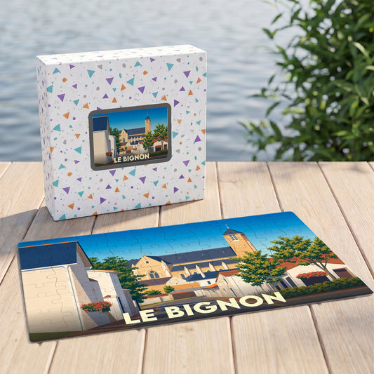 Puzzle souvenir de la ville de Le Bignon avec une illustration stylisée et colorée.