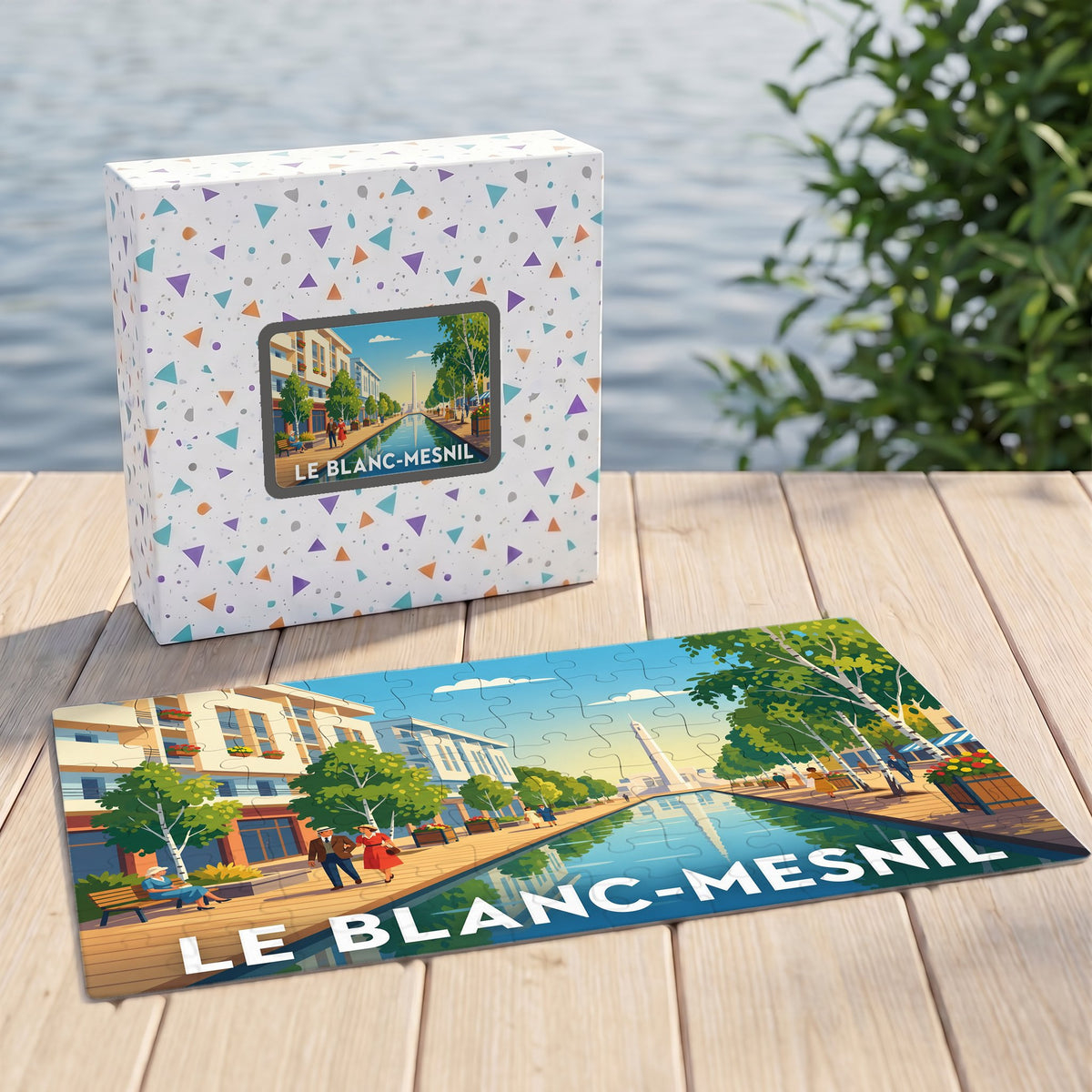 Puzzle souvenir de la ville de Le Blanc-Mesnil avec une illustration stylisée d'un parc urbain.