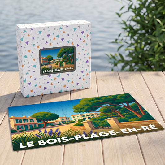 Puzzle souvenir de la ville de Le Bois-Plage-en-Ré avec une illustration stylisée d'un paysage côtier.