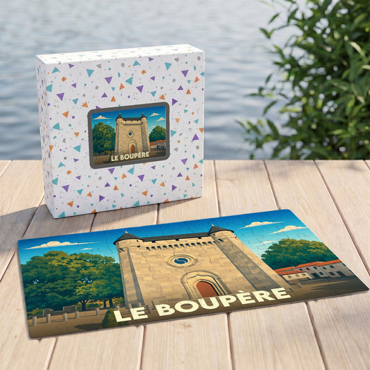 Puzzle souvenir de la ville de Le Boupère avec une illustration stylisée de son église fortifiée.