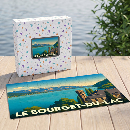 Puzzle souvenir de la ville du Bourget-du-Lac avec une illustration stylisée du lac et de son château.