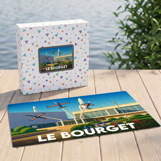 Puzzle souvenir de la ville de Le Bourget avec une illustration stylisée d'avions et de son musée.