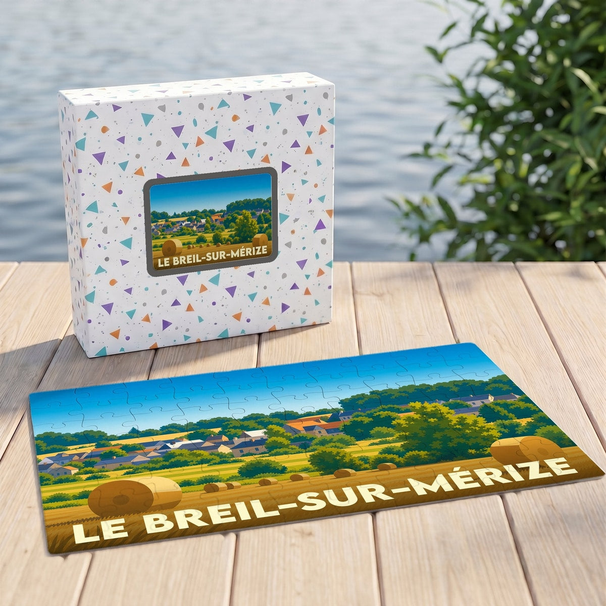 Puzzle souvenir de la commune de Le Breil-sur-Mérize représentant un paysage champêtre illustré.