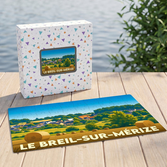Puzzle souvenir de la commune de Le Breil-sur-Mérize représentant un paysage champêtre illustré.