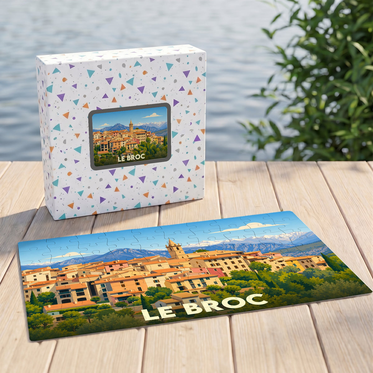Puzzle souvenir de la ville de Le Broc avec une illustration stylisée de ses maisons provençales.