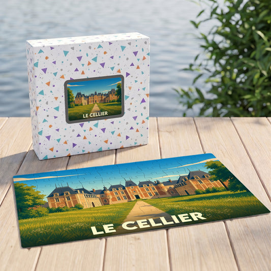 Puzzle souvenir de la ville de Le Cellier avec une illustration stylisée de son château.