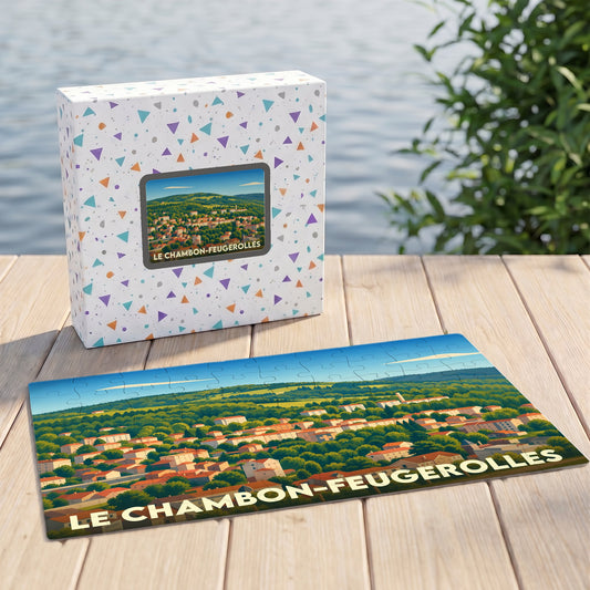 Puzzle souvenir de la ville de Le Chambon-Feugerolles avec une illustration panoramique stylisée.