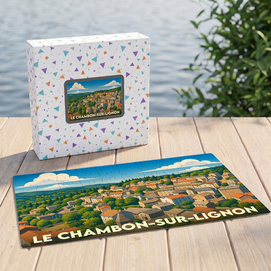Puzzle souvenir de la ville du Chambon-sur-Lignon avec une illustration stylisée d'un village ensoleillé.