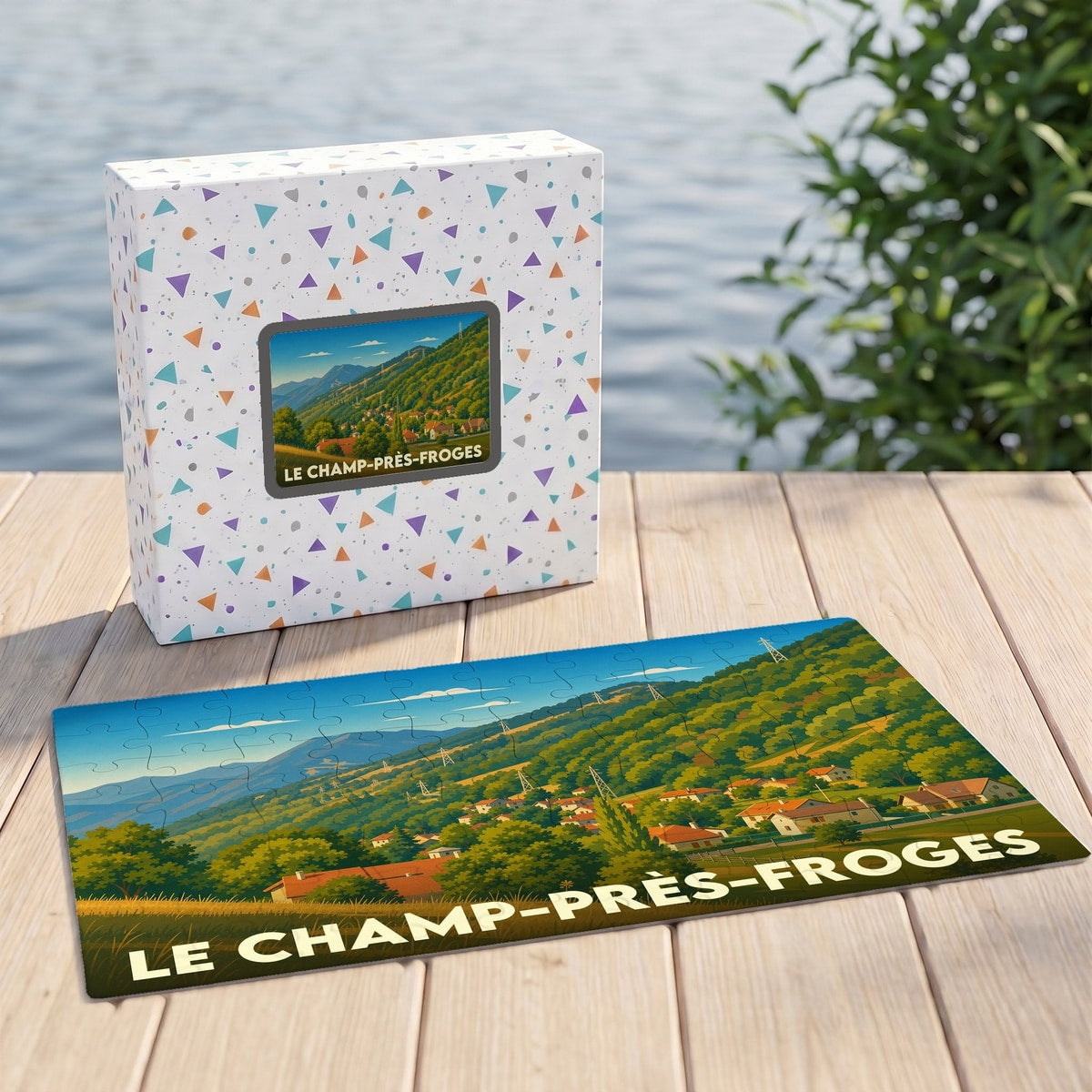 Puzzle souvenir de la ville de Le Champ-près-Froges avec une illustration de paysage montagneux.