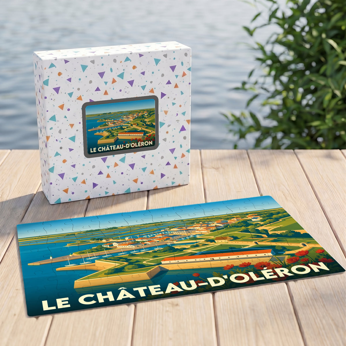 Puzzle souvenir de la ville de Le Château-d'Oléron avec une illustration stylisée de sa citadelle et de son littoral.