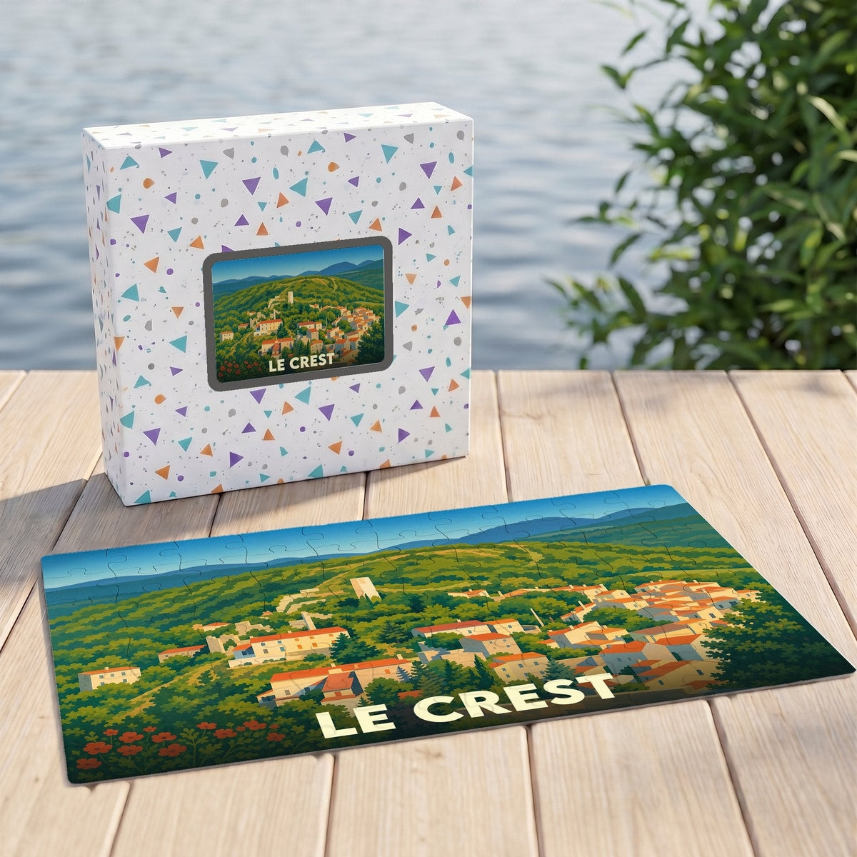 Puzzle souvenir de la ville de Le Crest avec une illustration stylisée d'un paysage provençal.